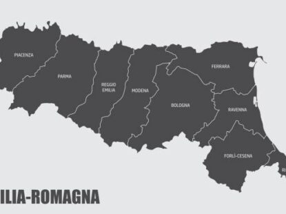 The Emilia Romagna region map divided in provinces with labels, Italy