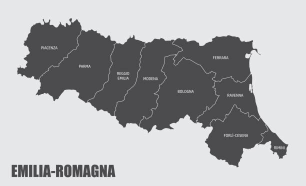 The Emilia Romagna region map divided in provinces with labels, Italy